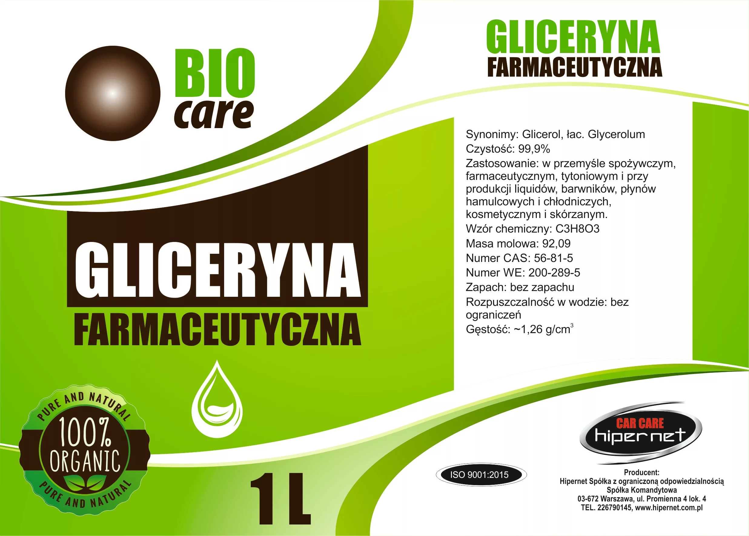 Gliceryna Roślinna Farmaceutyczna CZYSTA 1l 99,5%