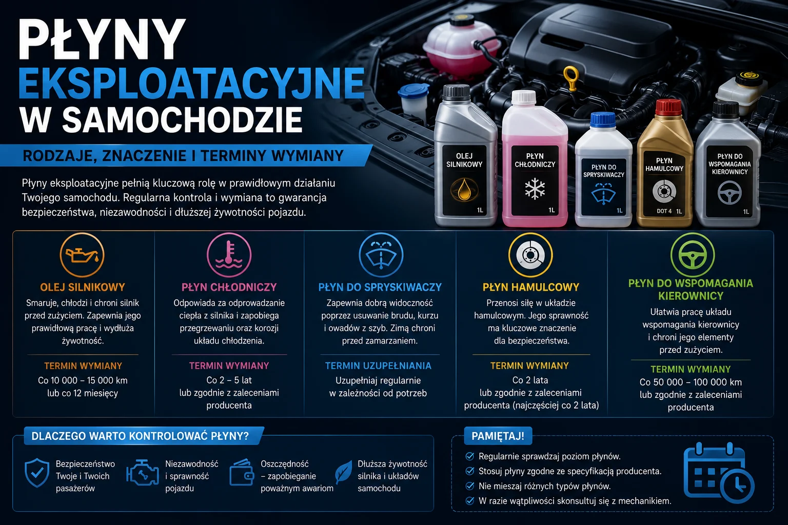 Infografika przedstawiająca rodzaje płynów eksploatacyjnych w samochodzie oraz terminy ich wymiany.