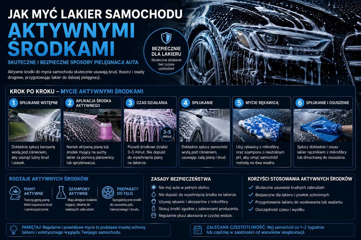 Jak myć lakier samochodu aktywnymi środkami – infografika detailingowa krok po kroku.