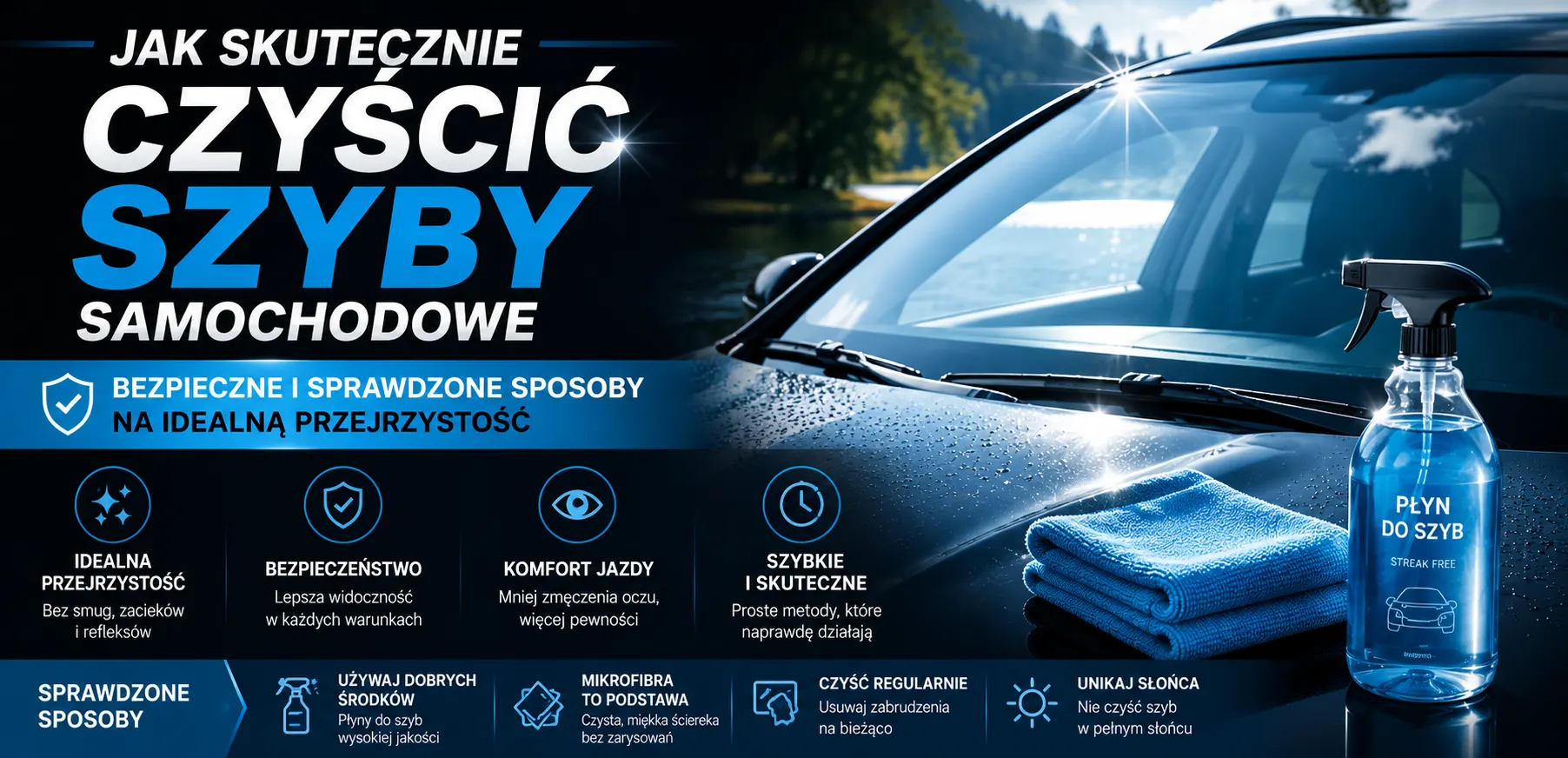 Jak skutecznie czyścić szyby samochodowe – kosmetyki i akcesoria do pielęgnacji szyb auta.