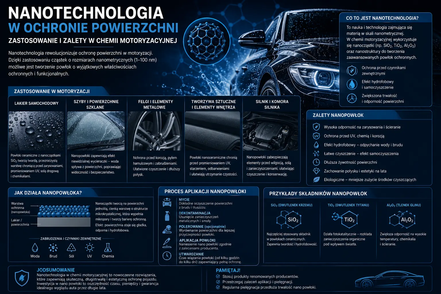 Nanotechnologia w motoryzacji i ochronie powierzchni przedstawiona na infografice detailingowej.