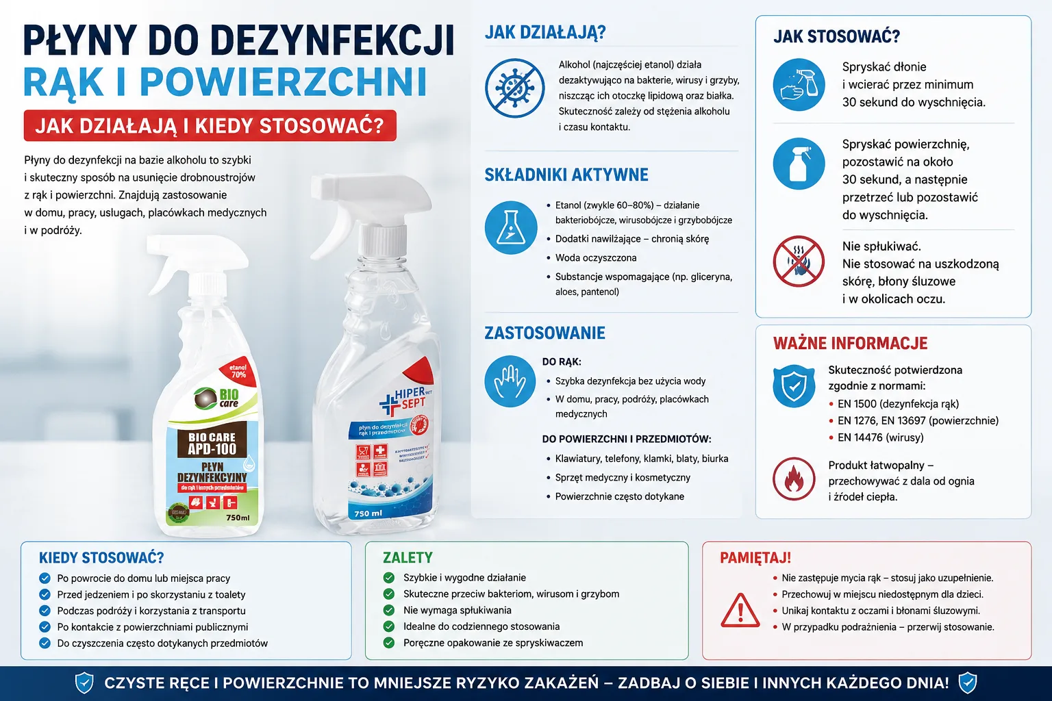 Infografika przedstawiająca płyny do dezynfekcji rąk i powierzchni Bio Care APD-100 oraz HIPERnet