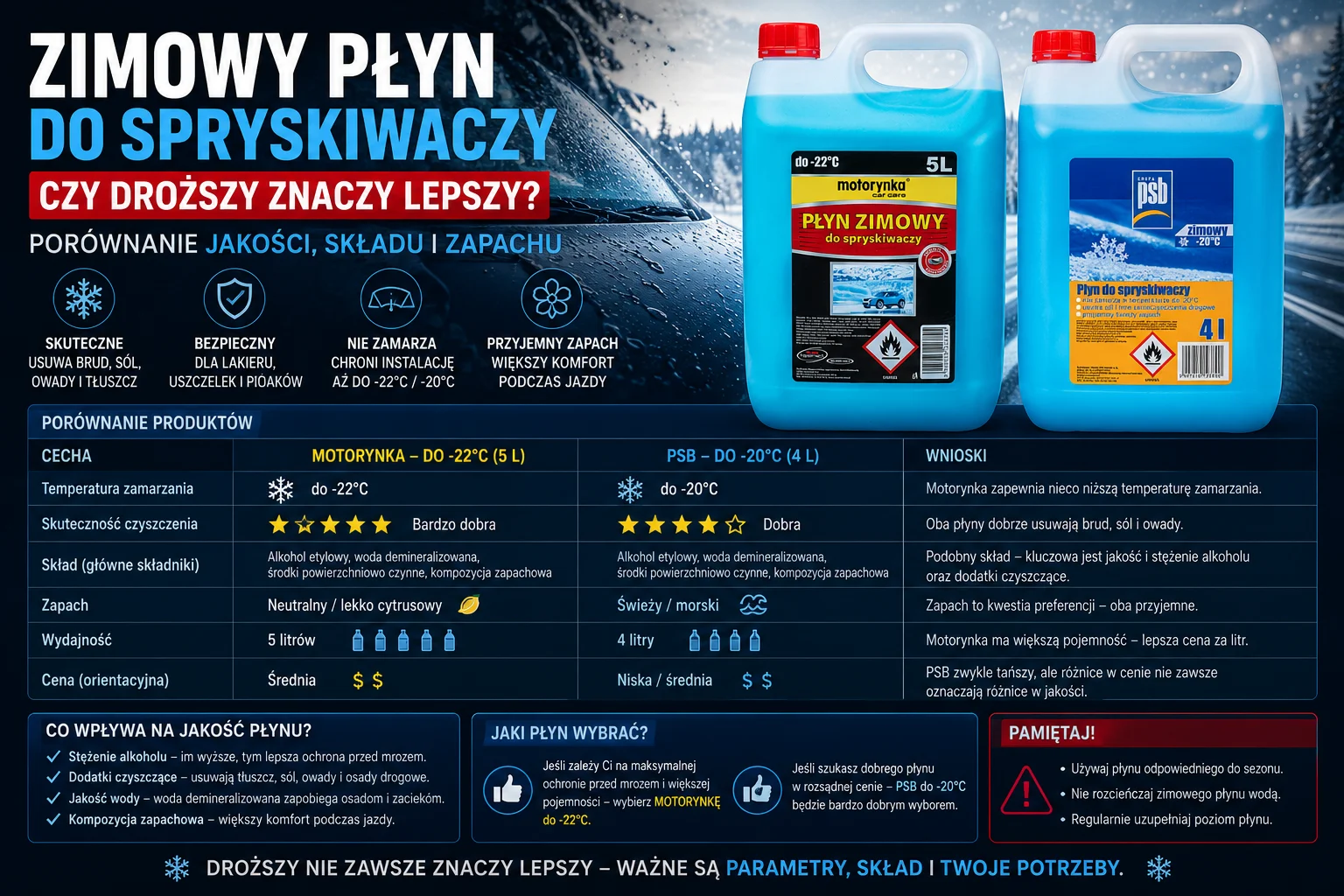 Porównanie zimowych płynów do spryskiwaczy Motorynka i PSB pod względem jakości, składu oraz temperatury zamarzania