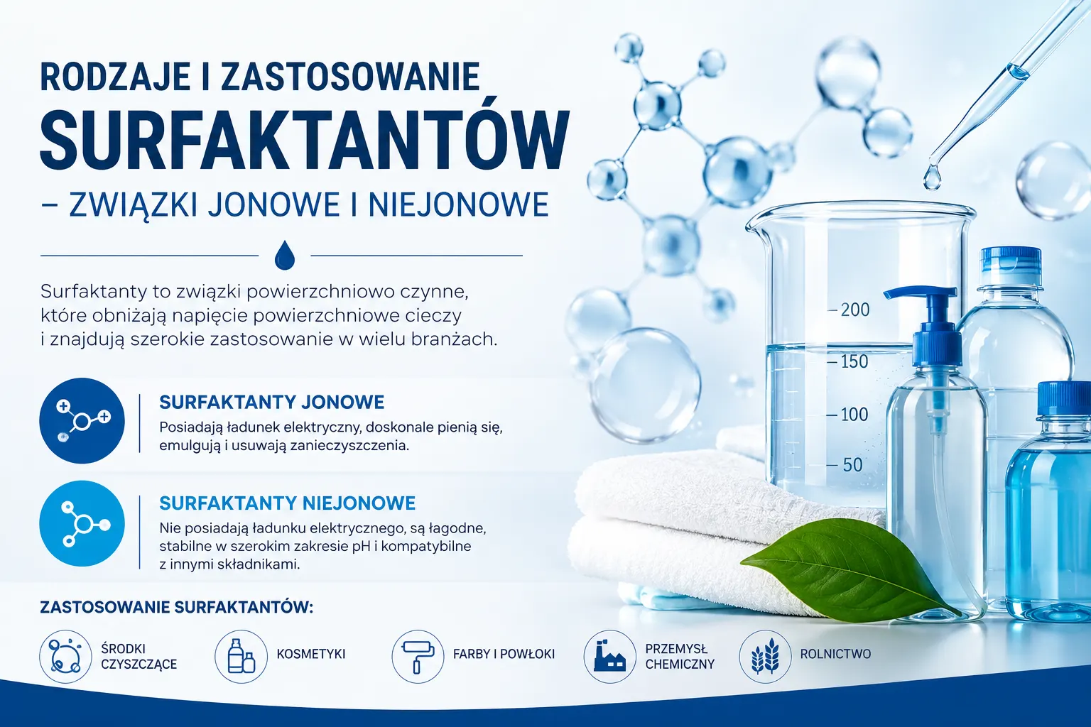 Rodzaje i zastosowanie surfaktantów przedstawione na grafice chemicznej z laboratoryjnymi naczyniami.